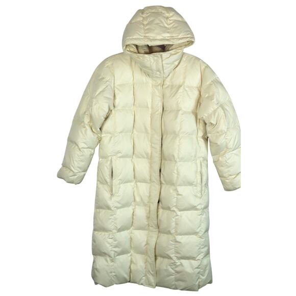 Lands End Cream Long Puffer Coat Jacket Quilted Goose Down Feathers Hooded M P - Picture 1 of 9